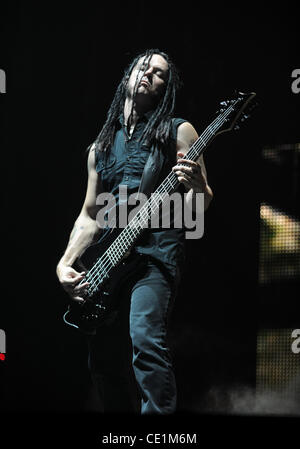 Aug. 10, 2011 - Dallas, Texas, U.S - Bassist John Moyer of the Heavy Metal Rock Band Disturbed performs live on stage at the Rockstar Energy Drink Mayhem Festival at the Gexa Energy Pavillion in Dallas, Texas (Credit Image: © Albert Pena/Southcreek Global/ZUMAPRESS.com) Stock Photo