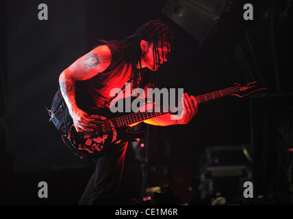 Aug. 10, 2011 - Dallas, Texas, U.S - Bassist John Moyer of the Heavy Metal Rock Band Disturbed performs live on stage at the Rockstar Energy Drink Mayhem Festival at the Gexa Energy Pavillion in Dallas, Texas (Credit Image: © Albert Pena/Southcreek Global/ZUMAPRESS.com) Stock Photo