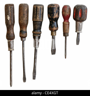 Collection of antique well used screwdrivers on a white background. Stock Photo
