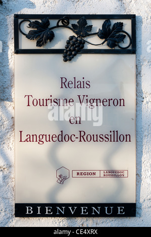 Relais Tourisme Vigneron en Languedoc-Roussillon sign at Domaine Pierre Belle wine producers near Beziers, France. Stock Photo