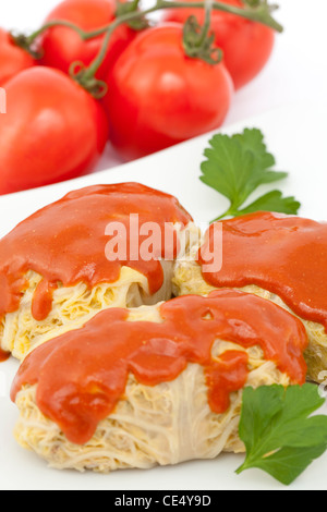 Stuffed cabbage with tomato sauce on white plate Stock Photo