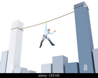 man on rope and 3d financial chart Stock Photo