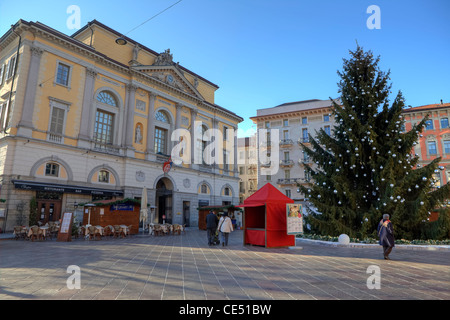 Piazza Riforma and the Town Hall in Lugano, Ticino, Switzerland during the Christmas season with Christmas Tree Stock Photo