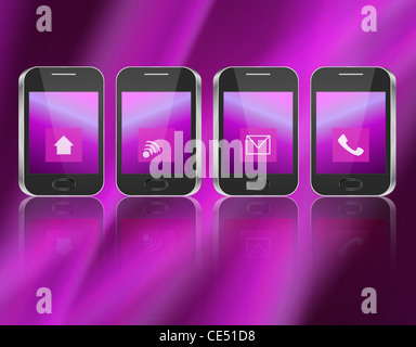 Illustration depicting four illuminated communication  arranged horizontally over dark pink. Stock Photo