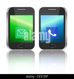 Illustration depicting two illuminated communication devices  arranged horizontally over white. Stock Photo