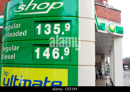 A close-up of the price board of a BP petrol station, London, UK Stock Photo