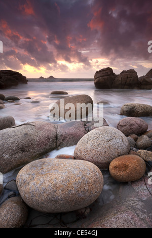 Sunset over the Atlantic from the shores of Porth Nanven, Cornwall, England. Autumn (September) 2011. Stock Photo