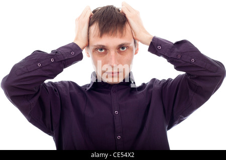 Portrait of stressed tired man, isolated on white background. Stock Photo