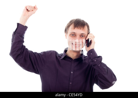 Happy nerd man on the phone, isolated on white background. Stock Photo