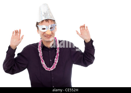 Funny ugly nerd man wearing party mask, isolated on white background. Stock Photo