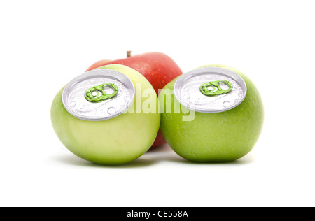 ripe apples with metallic can isolated on white background Stock Photo