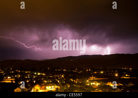 Lightning strikes during a thunderstorm on the first day of summer in Boise, Idaho, USA. Stock Photo