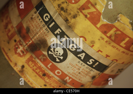Label of a can of Zyklon B a cyanide-based pesticide infamous for its use by Nazi Germany during the Holocaust to murder mostly Jewish people in gas chambers installed at Auschwitz-Birkenau, Majdanek, and other extermination camps. Stock Photo