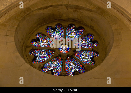 Circular stained-glass window in 1th-century round Temple Church built for the Knights Templar London England Europe Stock Photo