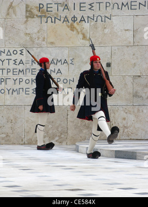 Syntagma Square, Greek parliament, change of the guards (evzones)  at the tomb of their Unknown Soldier, Athens, Attica, Greece Stock Photo