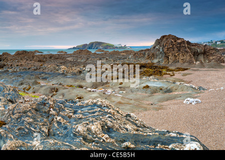 Rocky shores of Bantham at Dusk, Bantham, South Devon, England, United Kingdom, Europe  Stock Photo