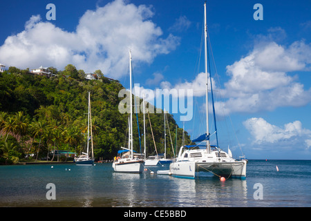 Sailboats in the tiny harbor at Marigot Bay on the West coast of St. Lucia, West Indies Stock Photo