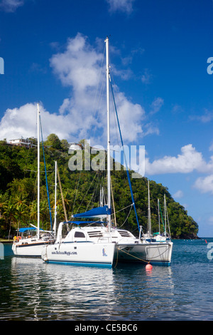 Catamaran in the tiny harbor at Marigot Bay on the West coast of St. Lucia, West Indies Stock Photo