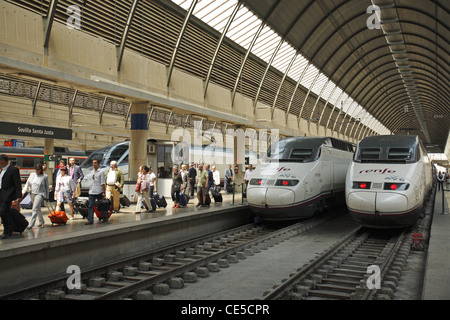 Renfe high-speed train at Sevilla Santa Justa train station, Sevilla, Spain Stock Photo