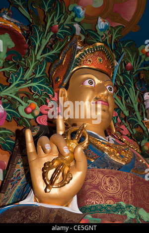 India, Arunachal Pradesh, Tawang, Khinmey Nyingma Monastery hand of golden Padmasambhva holding dorji Stock Photo