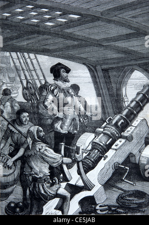 Jacques Cartier (1491-1557) French Explorer and Sailor or Mariner on board Ship Discovering Canada. Vintage Illustration or Engraving