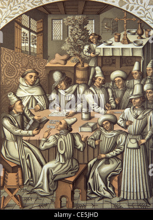 Medieval Bookkeeping , Bookkeepers, Debt Collectors, Debt Collecting or Accountants (1466) in Rouen, France. Vintage Illustration or Engraving Stock Photo