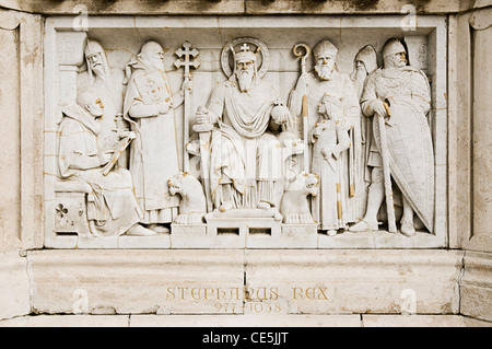 St. Stephen Statue at Fishermen's Bastion (neo-romanesque), Castle Hill District (Varhegy), Buda, Budapest, Hungary. Stock Photo