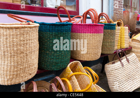reed bags for sale on a market in deventer, Netherlands Stock Photo