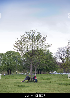 two lonely people sitting by a tree on Wimbledon Common Stock Photo