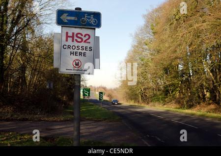 Roadside HS2 crosses here sign, an anti HS2 campaign protest notice by the A413 road to Wendover Bucks. Stock Photo