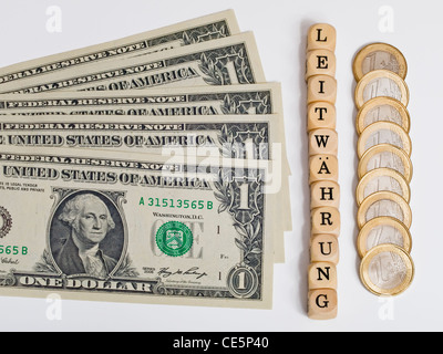 one dollar bills alongside to Euro coins, between this cubes with letters which form the word 'lead currency' in German Stock Photo