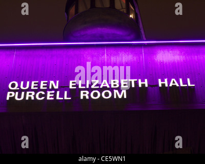 View of a sign outside the Queen Elizabeth Hall Purcell Room in London at night