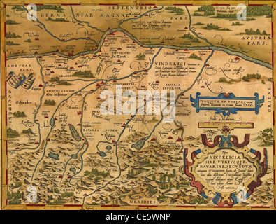 Antique Map of Bavaria, Germany by Abraham Ortelius, circa 1570 Stock Photo