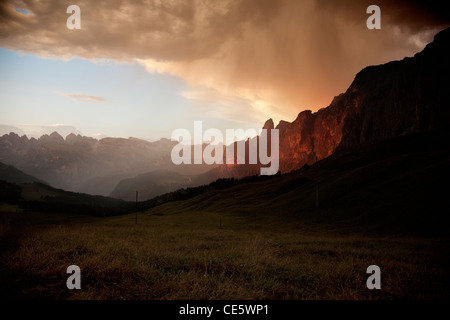 Evening views of Sass Rigais from Passo Sella, Dolomite Alps, Italy, Europe. Stock Photo