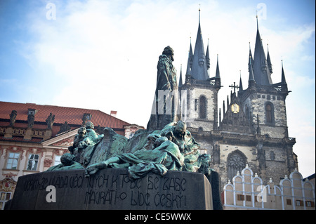 View of the Jan Hus Monument at the Old town Square with the Tyn Church in the Background, Prague, Czech Republic Stock Photo