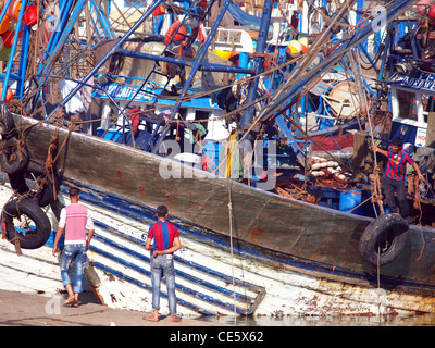 Essaouira's fishing fleet in the harbour, Morocco Stock Photo