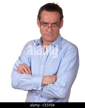 Angry Frowning Middle Age Man in Blue Shirt Stock Photo