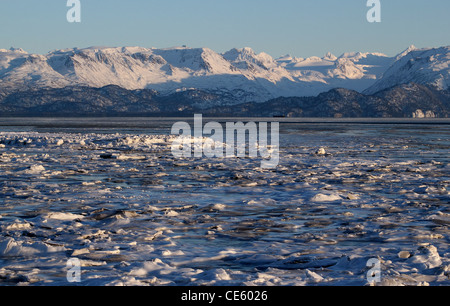 Ice forming in the water of the Kachemak bay in Alaska with the Kenai mountains in the background on a sunny winter day. Stock Photo