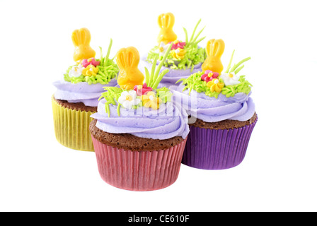 Easter cupcakes decorated with chocolate bunnies and sugar decorations Stock Photo