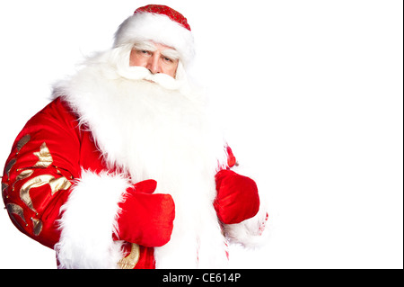 Traditional Santa Claus giving a big 'ho ho ho' belly laugh. Isolated on white. Stock Photo