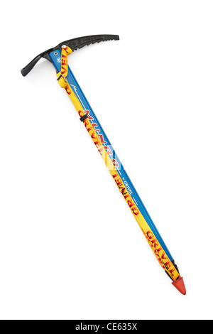 Grivel Munro ice axe with a straight metal handle and nylon strap isolated on a white background. UK Stock Photo