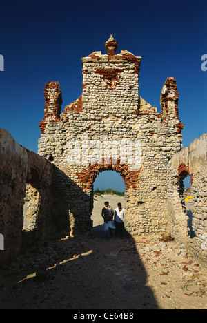 Old brick church ruined by sea erosion at Dhanushkodi ; Rameswaram ; Ramesvaram ; Rameshwaram ; Pamban Island ; Tamil Nadu ; India ; Asia Stock Photo