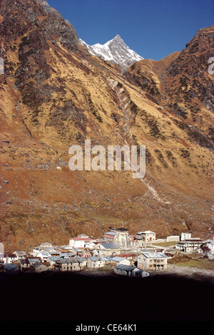 Kedarnath temple town ; Kedar Dome mountain peak ; Chamoli district ;  Rudraprayag ; Garhwal Himalaya range ; Uttaranchal ; Uttarakhand ; India ; Asia Stock Photo