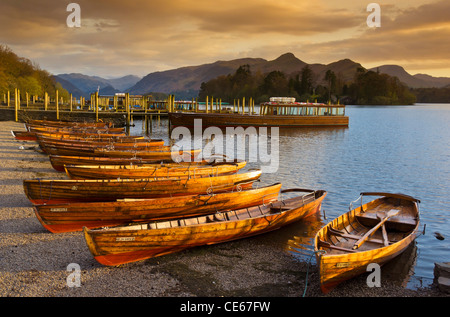 Wooden rowing boats Keswick Landing Stages Derwent Water Lake District National Park Cumbria England UK GB Europe Stock Photo