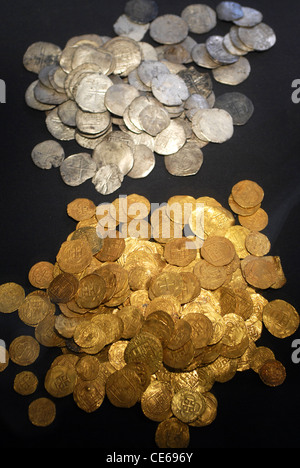 Gold and silver coins from the wreck of the 'Girona', the Spanish Armada, Ulster Museum, Belfast, North Ireland, UK, Europe. Stock Photo