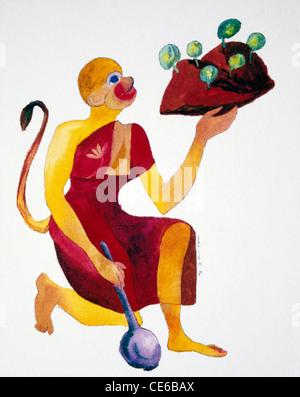 Lord Hanuman ; Indian Monkey God ; Ramayana ; lifting Dronagiri hills with a herb Sanjeevani Booti for Lakshmana ; painting ; watercolor ; artwork ; Stock Photo