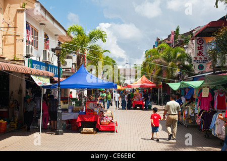 Jalan India - a popular pedestrian street lined with shops.  Kuching, Sarawak, Borneo, Malaysia. Stock Photo