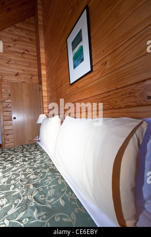 Detail of nice warm interior of mountain lodge apartment. Fox Glacier Lodge, Fox Glacier, West Coast, South Island, New Zealand. Stock Photo