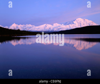 USA, Alaska, Sunset, Wonder Lake, Reflection, Mount McKinley, Denali National Park Stock Photo