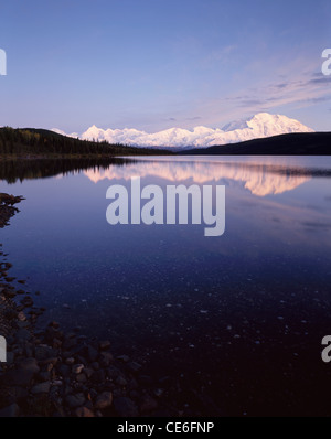 USA, Alaska, Sunset, Wonder Lake, Reflection, Mount McKinley, Denali National Park Stock Photo